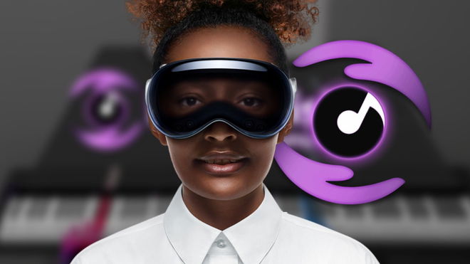 Someone wearing an Apple Vision Pro from press image in front of PianoVision logo