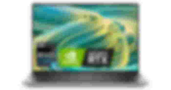 Dell XPS 15 (9530) product image of a black and silver laptop with a blue and yellow pattern on the display.