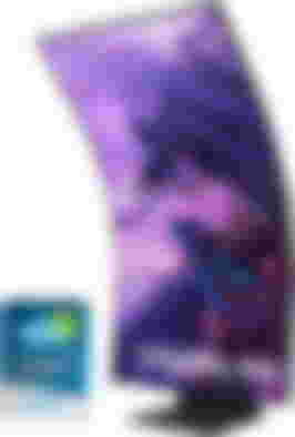 Samsung Odyssey Ark product image of a vertical monitor with a spaceship launch site bathed in purple on the display.