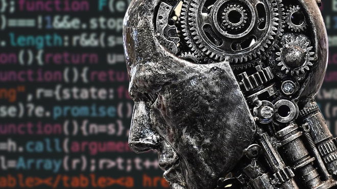 A Robot Man looking depressed in front of a wall of code