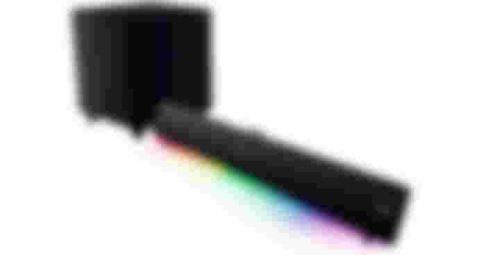 Razer Leviathan V2 Pro product image of a black soundbar featuring RGB lighting underneath and a black subwoofer next to it.