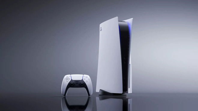 PlayStation 5 console stood up on light grey background