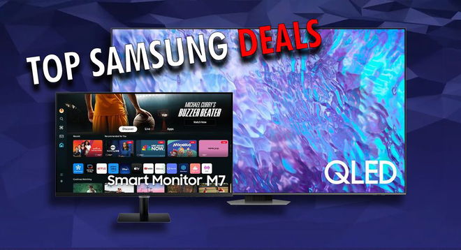 A black Samsung monitor next to a Samsung TV with a purple and blue pattern on the display in front of a dark blue background.