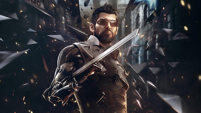 Adam Jensen from Deus Ex: Mankind Divided standing central in rubble flying
