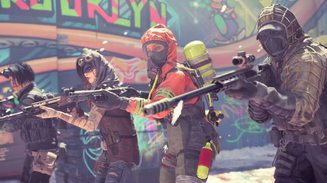 Four varied characters from XDefiant standing in a line with weapons at the ready. The character at the center of the image is wearing a bright orange hazmat suit and gas mask.