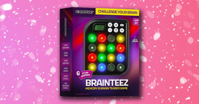 Croove Brainteez box in purple with the game on the front, which is black with multiple lights on it. The box is in front of a snowy pink background.