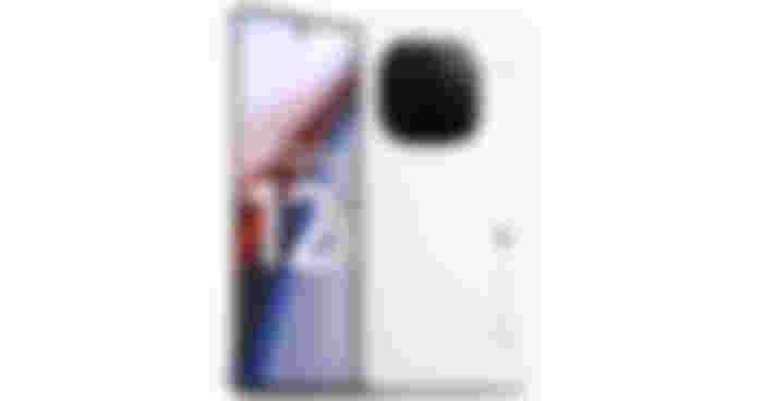 iQOO 12 product image of a phone phone with a large black camera on the back and red and blue stripes on the display.