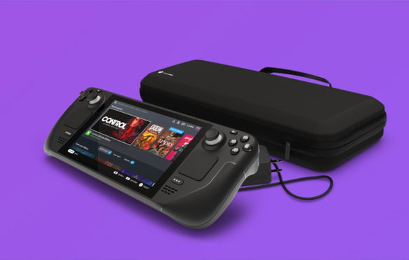 Steam Deck return policy console with case on purple background