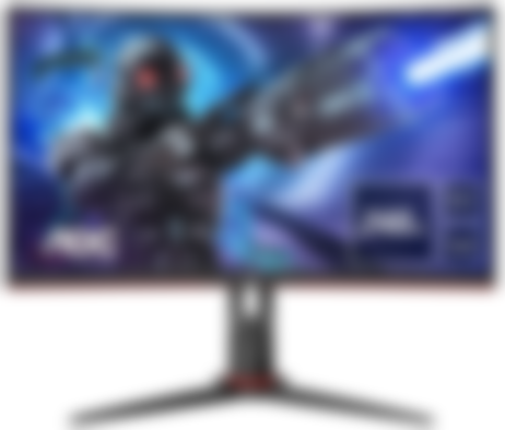 AOC C32G2ZE product image of a black monitor with a robot firing blue light out of a weapon on the display.