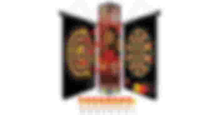 Two hangable dart boards with a red rectangular box between them and red and yellow magnetic darts below it.