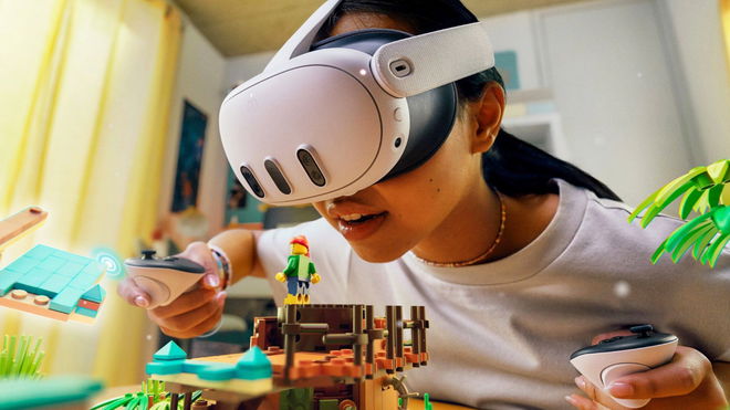 A young girl wearing a meta quest 3 headset and playing in a virtual reality LEGO game 
