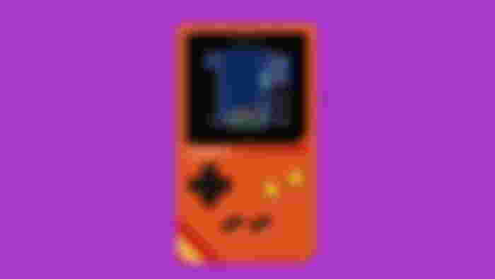 An Orange custom Game Boy called Chromatic playing Tetris in front of a purple background