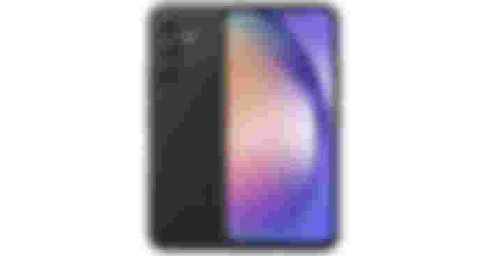 Samsung Galaxy A54 product image of a black phone with a pink, orange, and purple pattern on the display.