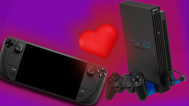 Steam Deck and PlayStation 2 float near one another with a love heart between them