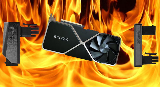 flames in background rtx 4090 in middle with two adapters on left and right