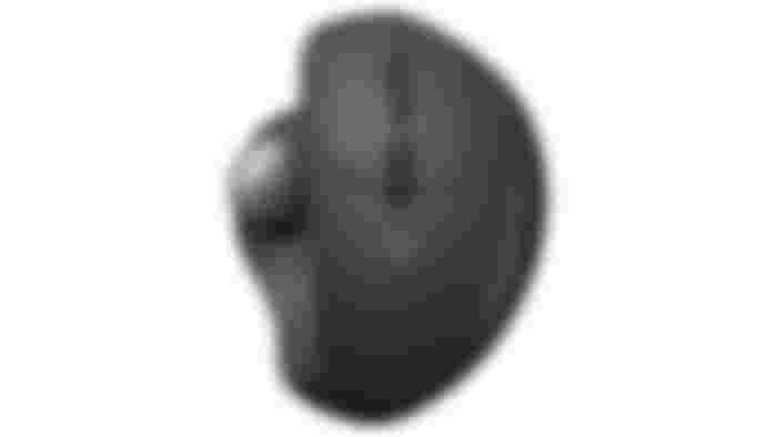 Logitech MX Ergo product image of a graphite mouse with a lighter grey trackball on the left side.