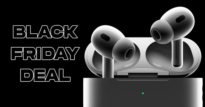 A pair of white AirPods coming out of their charging case next to "BLACK FRIDAY DEAL" branding in black with white outline.