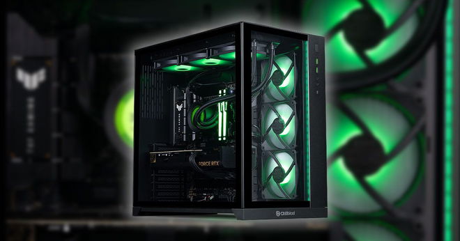 A black PC with clear side panels showcasing internal components bathed in green light.