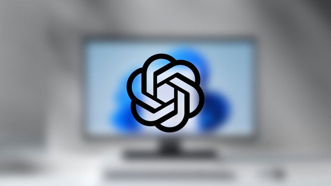 An image of the logo of ChatGPT with a Windows desktop PC in the background - get app