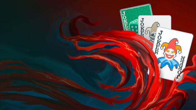 balatro promo art with red waves and joker cards