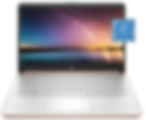 HP 14-dq0030nr product image of a silver and black laptop with a night sky over a lake on the display.