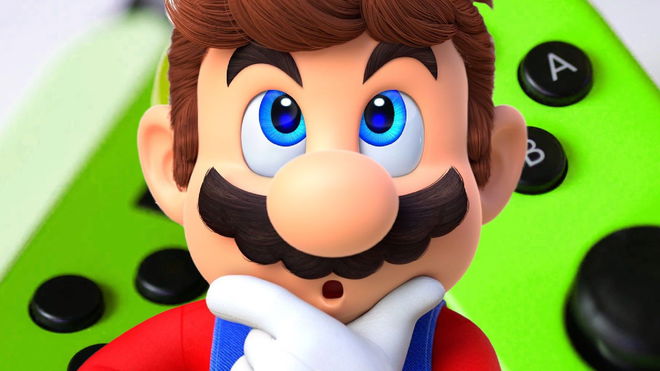Nintendo Switch 2 stick drift - Mario looking curiously at green Joy-Con 