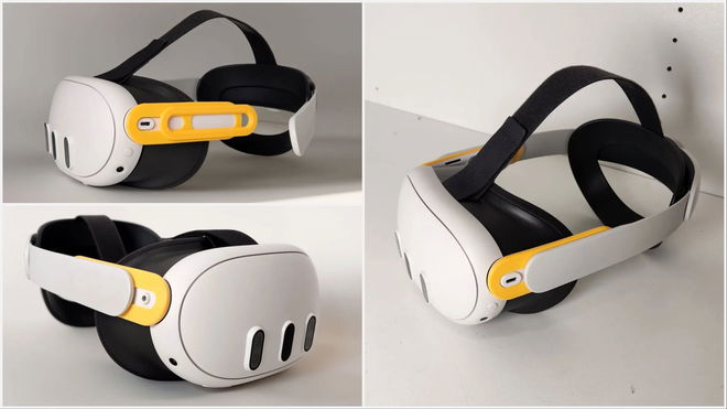 Meta Quest 3 device with a brightly coloured adaptor connecting to Meta Quest 2 head straps