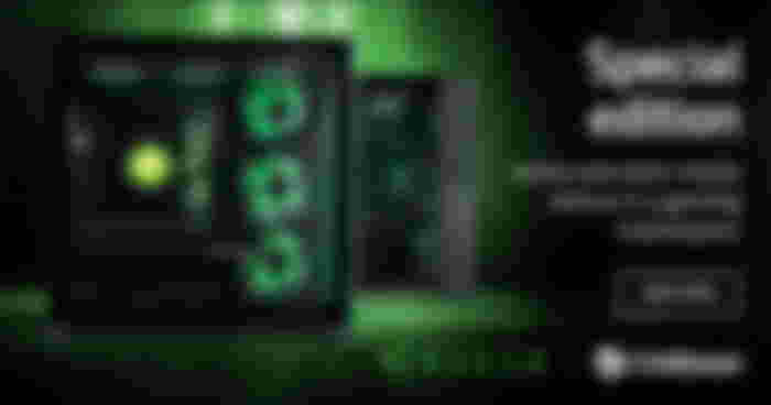 A black gaming PC with green internal lighting next to Razer and Chillblast branding and "Special Edition" in white.