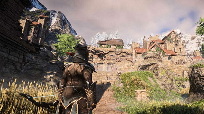 An Enshrouded character exploring a town