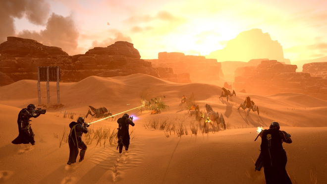 Helldivers 2 stuck on the "Defrosting Helldiver" screen - An image of numerous Helldivers on a desert shooting bugs