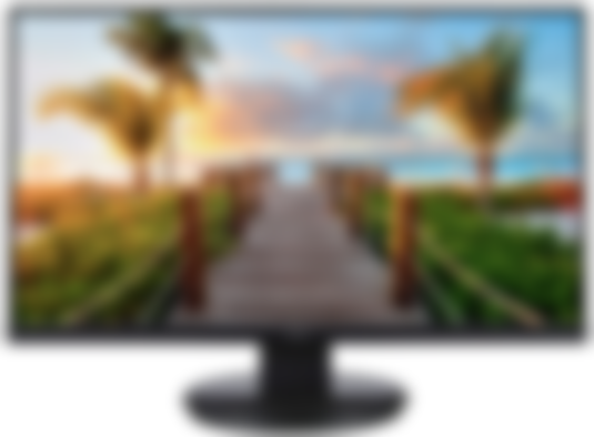 Acer KB272HL product image of a black monitor with a wooden walkway between two palm trees leading to the ocean on the display.