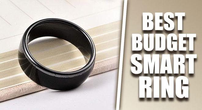 A black smart ring leaning against some light brown wood on one side of a white line. On the other "BEST BUDGET SMART RING" text in white.