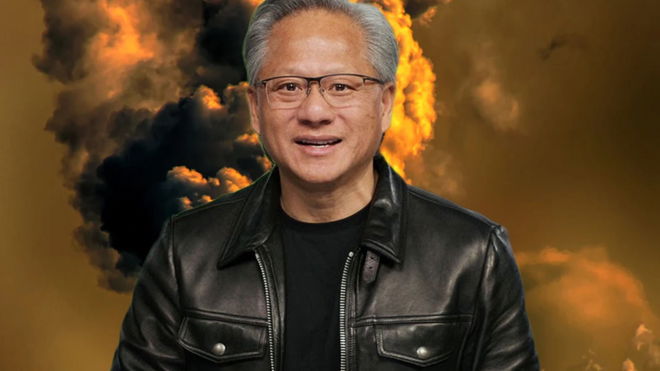 Nvidia CEO Jensen Huang on top of a smoggy city