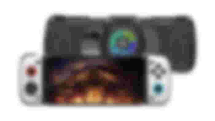 GameSir X3 product image of two white sides to a controller connected either side of a phone, with a back shot in dark grey as well.
