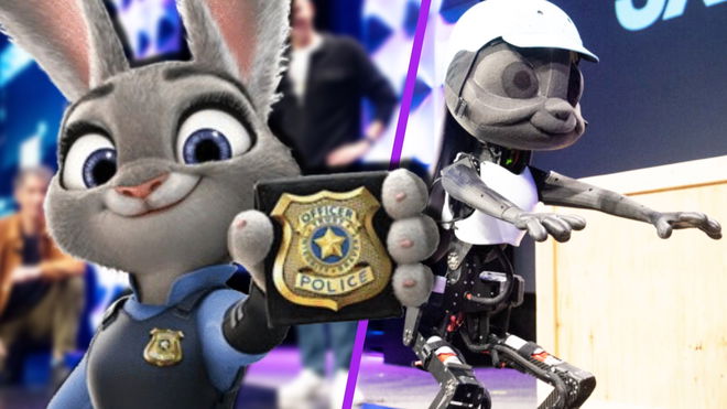 A comparison of the Judy Hopps robot next to the real Judy Hopps
