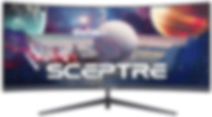 Sceptre C305B-200UN1 product image of a dark grey monitor with multiple planets in different colours on the display.