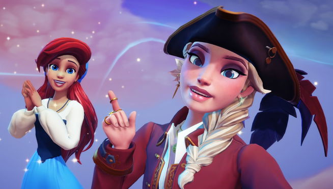 A custom character from Disney Dreamlight Valley takes a selfie with Ariel from The Little Mermaid.