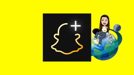 Snapchat Plus Planets with someone sitting on a planet behind Snapchat Plus logo