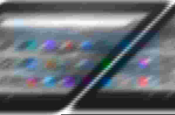 Amazon Fire 7 product image of a black tablet with an image of the sea behind apps on the display.