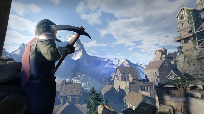 Clay - player holding a pickaxe looks at buildings