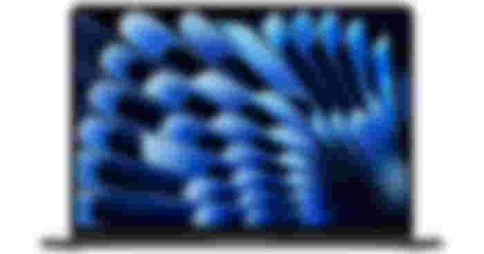 Apple MacBook Air product image of a Midnight-coloured laptop that's open with a blue pattern on the display.