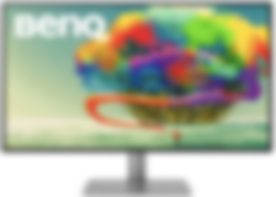 BenQ PD3220U product image of a black and grey monitor with an image of someone spraying multiple colours into a tree on the display.
