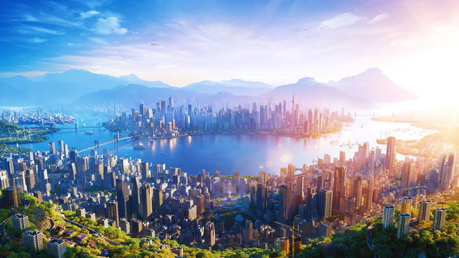 Cities Skylines 2 - modern city with a river flowing through it