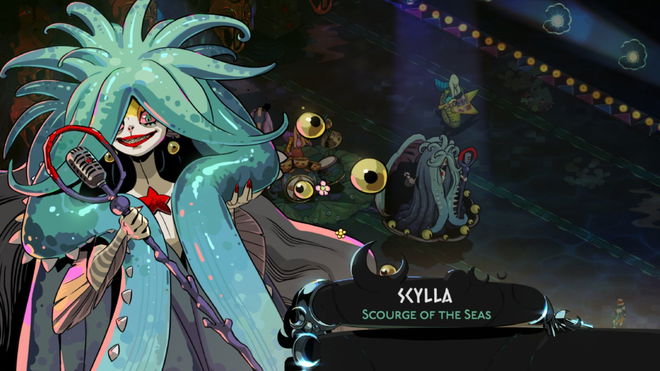 A screenshot of the Hades 2 Scylla, Scourge of the Seas character sprite and title, with the character posing with a microphone on the left.