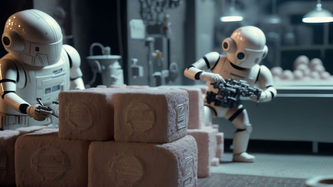Cute tiny little robots are working in a futuristic soap factory