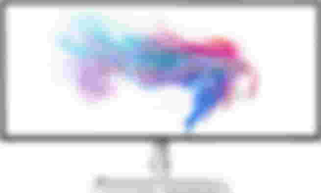 MSI Prestige PS341WU product image of an ultrawide white and black monitor with Prestige branding infront of pink and blue smoke on the display.