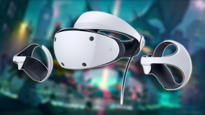 A PSVR 2 headset on top of a background of a PS5 game