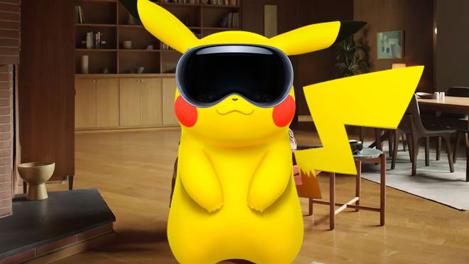 Pikachu standing in the real world while wearing an Apple Vision Pro headset