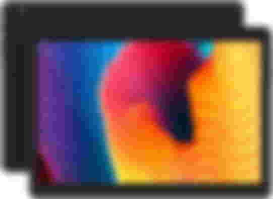 Coopers product image of a black tablet shot from the front and back, with a red, orange, blue, and purple pattern on the display.