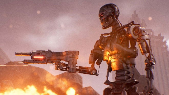 A Terminator pointing a machine gun at an unseen enemy